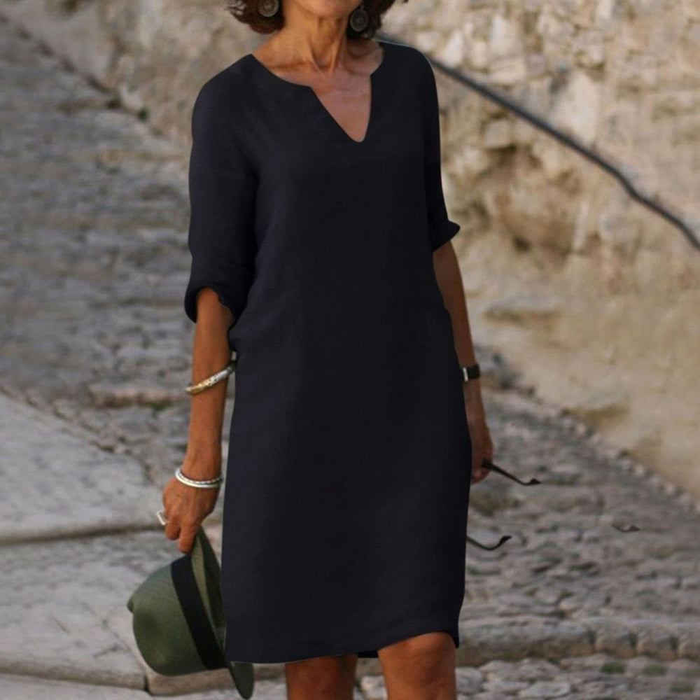 Women's V-Neck Half-Sleeve Lightweight Midi Shift Dress - Black