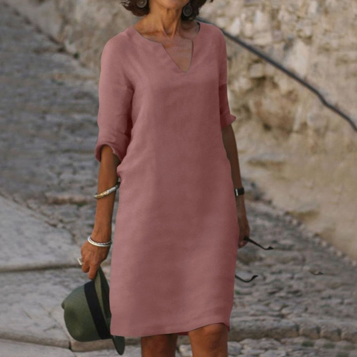 Women's V-Neck Half-Sleeve Lightweight Midi Shift Dress - Dark Pink