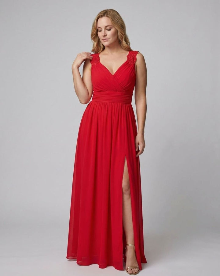 Women's V-Neck Lace-Trim Chiffon Maxi Evening Dress Side Slit