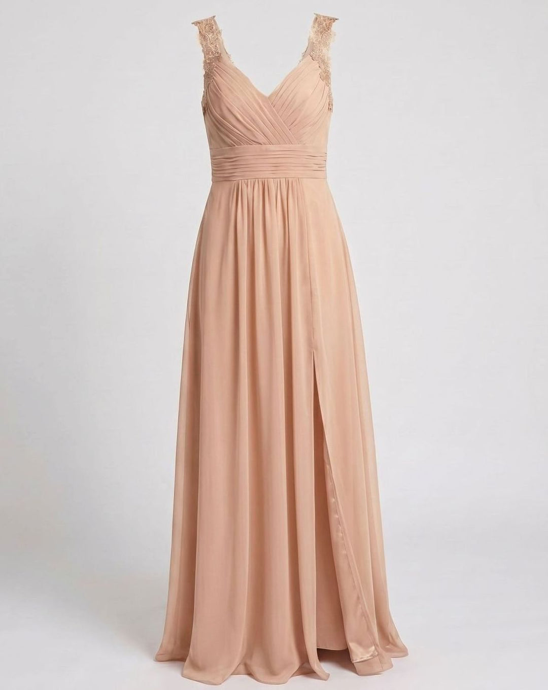 Women's V-Neck Lace-Trim Chiffon Maxi Evening Dress Side Slit - Beige