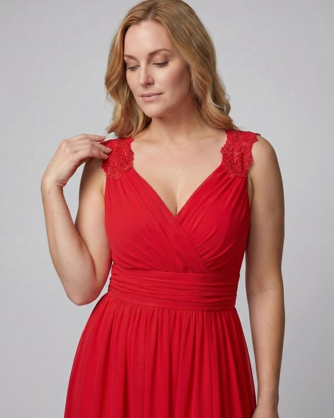Women's V-Neck Lace-Trim Chiffon Maxi Evening Dress Side Slit