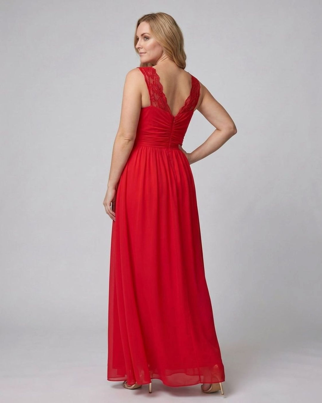 Women's V-Neck Lace-Trim Chiffon Maxi Evening Dress Side Slit