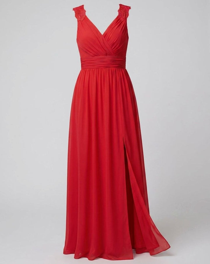 Women's V-Neck Lace-Trim Chiffon Maxi Evening Dress Side Slit - Red