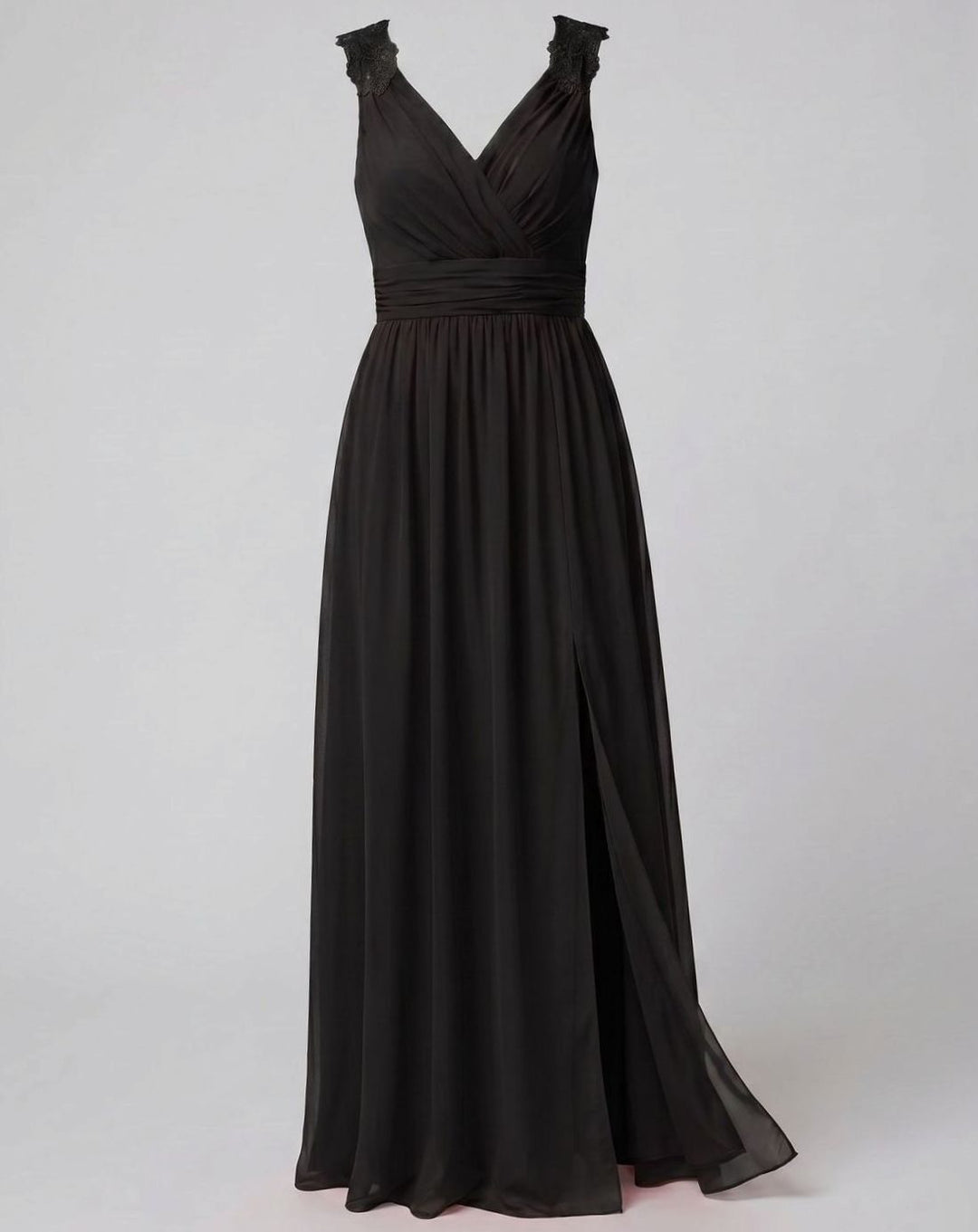 Women's V-Neck Lace-Trim Chiffon Maxi Evening Dress Side Slit - Black