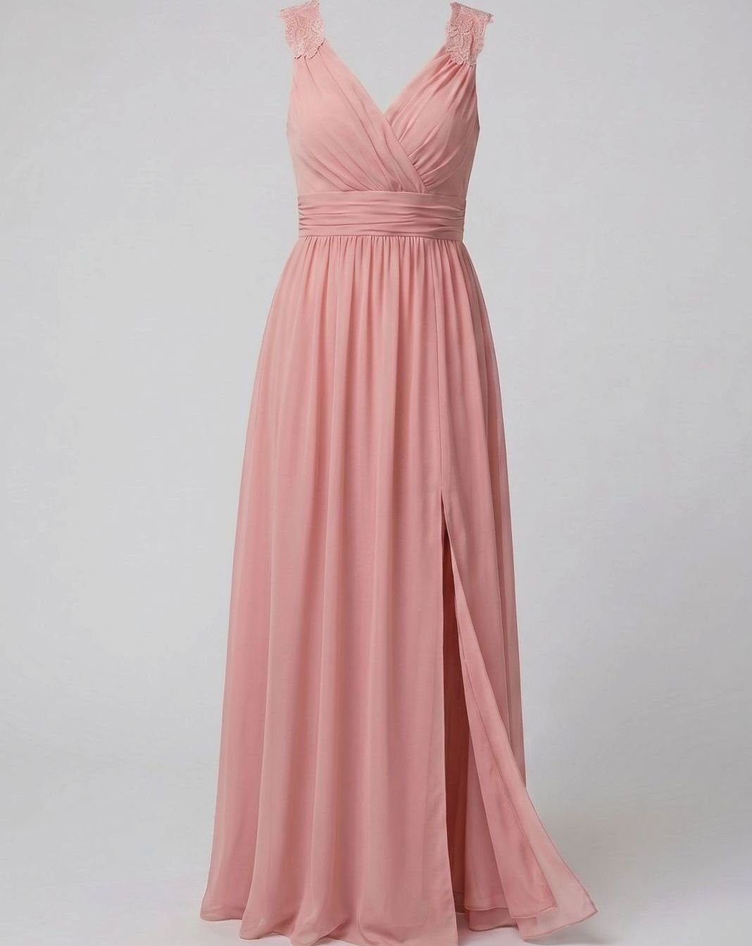 Women's V-Neck Lace-Trim Chiffon Maxi Evening Dress Side Slit - Pink