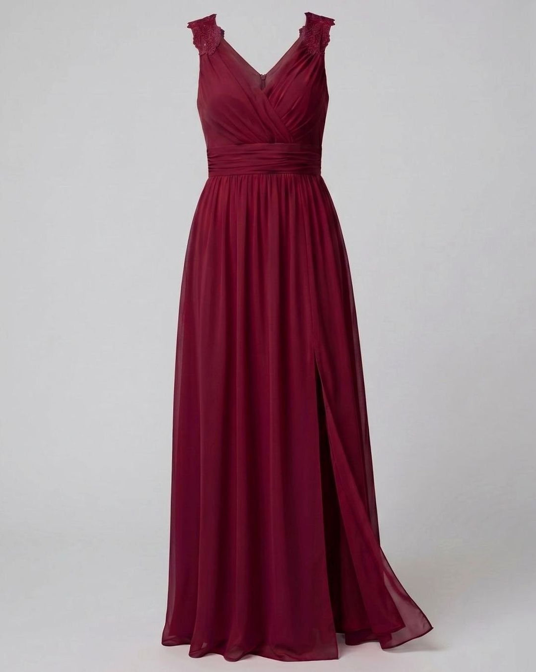 Women's V-Neck Lace-Trim Chiffon Maxi Evening Dress Side Slit - Burgundy