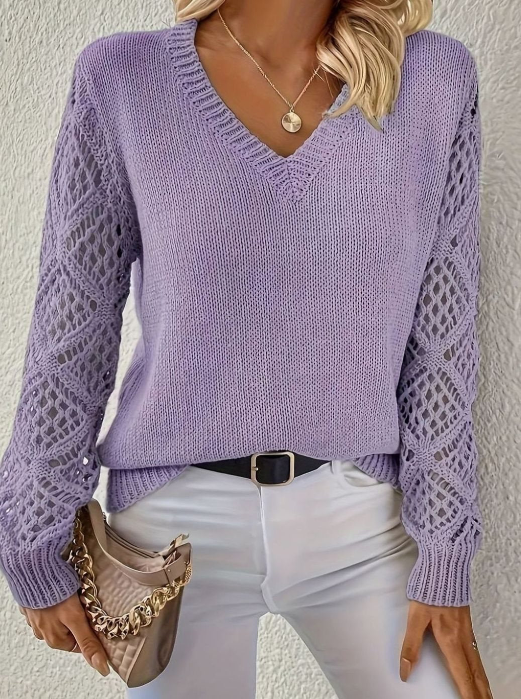 Women's V-Neck Openwork Sleeve Knit Sweater - Purple