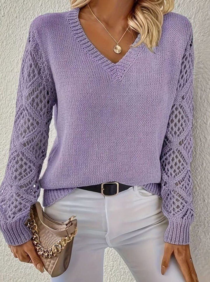 Women's V-Neck Openwork Sleeve Knit Sweater - Purple