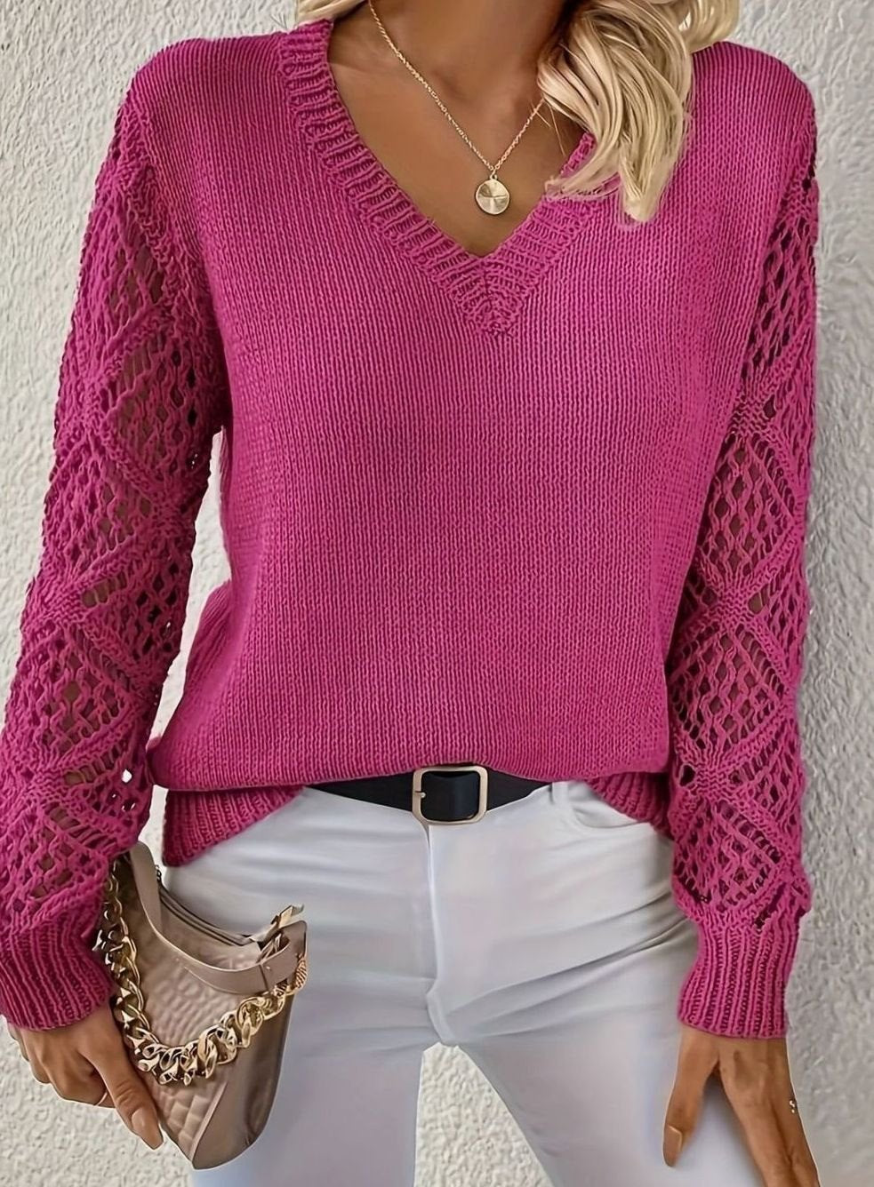 Women's V-Neck Openwork Sleeve Knit Sweater