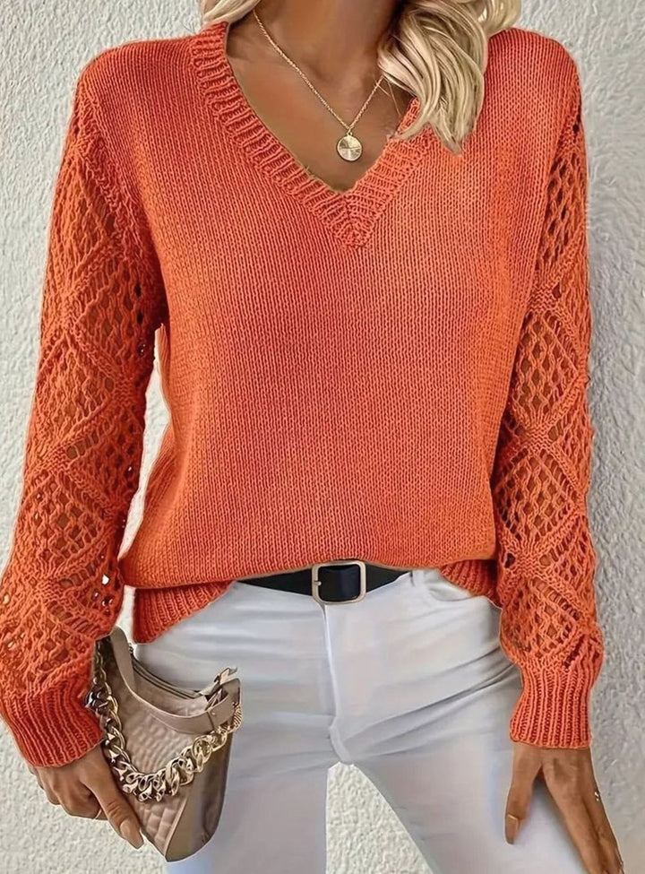 Women's V-Neck Openwork Sleeve Knit Sweater - Orange