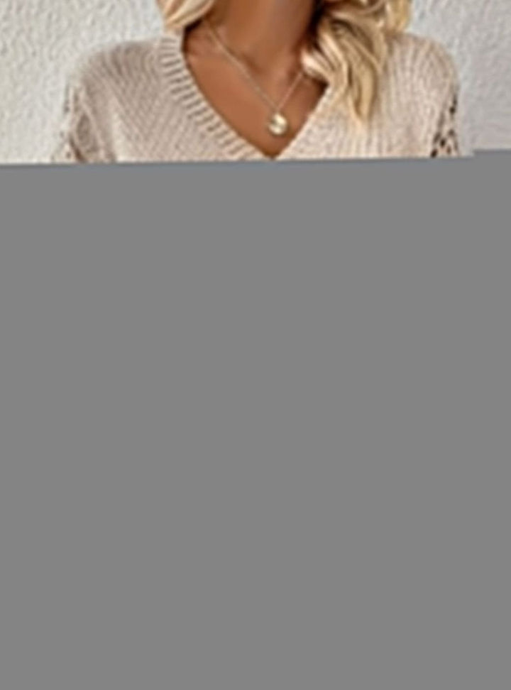Women's V-Neck Openwork Sleeve Knit Sweater - Apricot