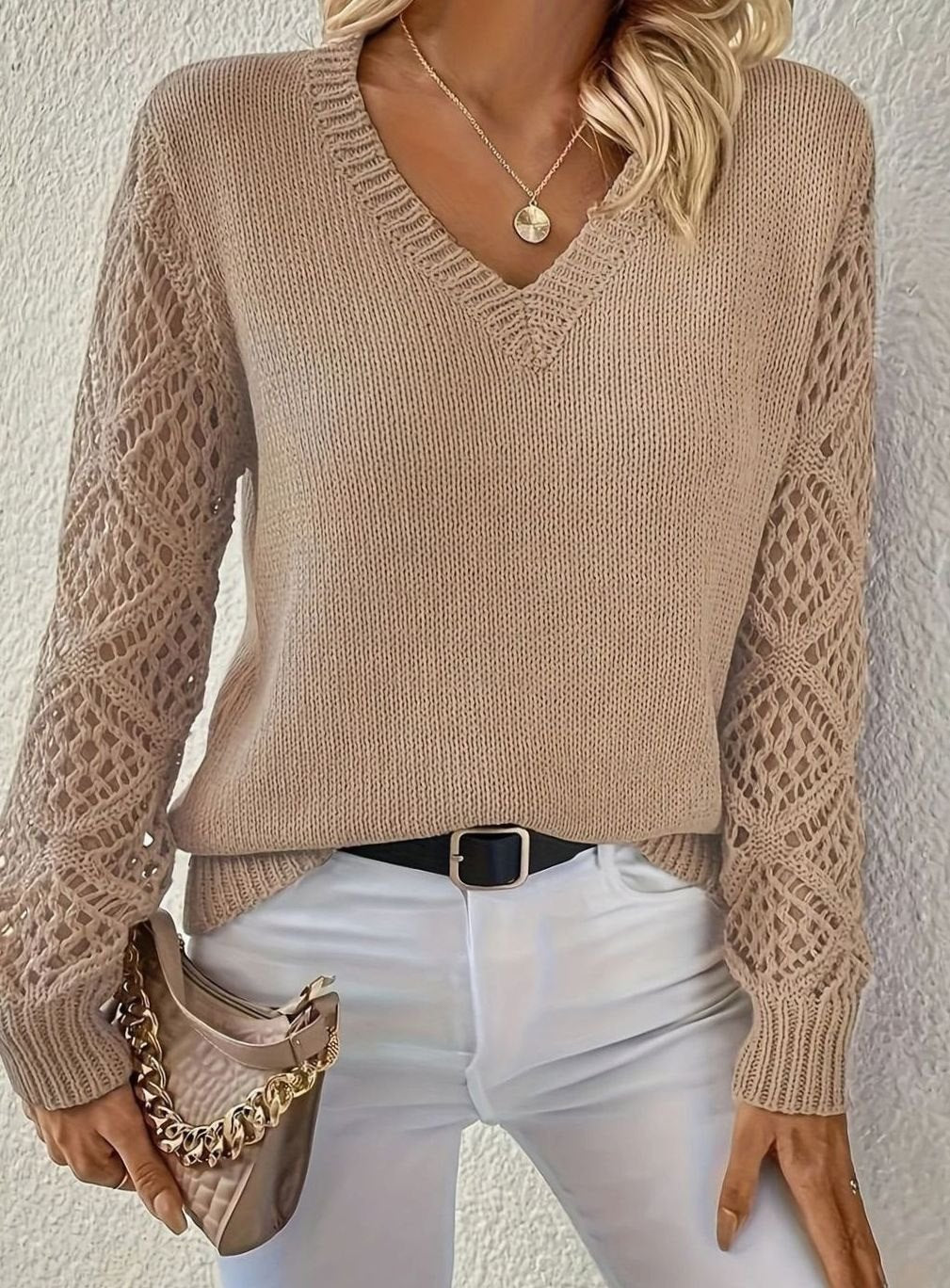 Women's V-Neck Openwork Sleeve Knit Sweater - Khaki