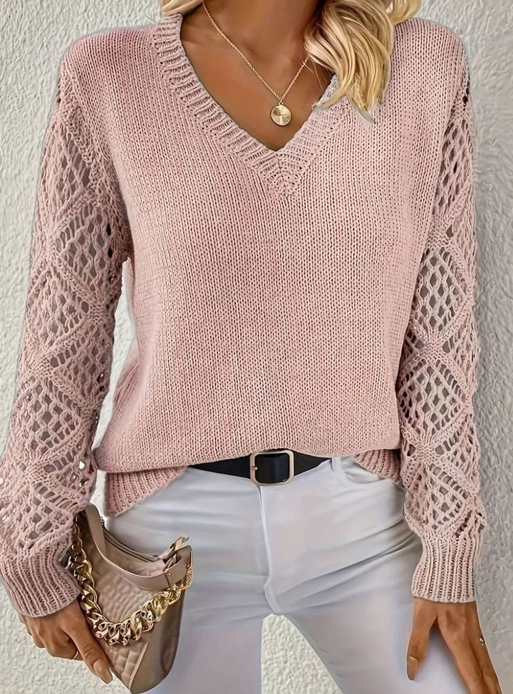 Women's V-Neck Openwork Sleeve Knit Sweater - Pink