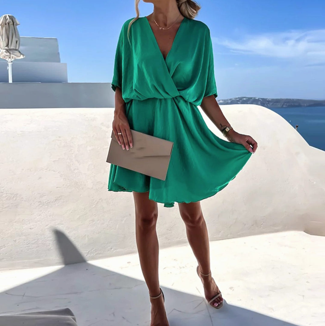 Women's V-Neck Wrap Flowy Short-Sleeve Mini Dress - Green