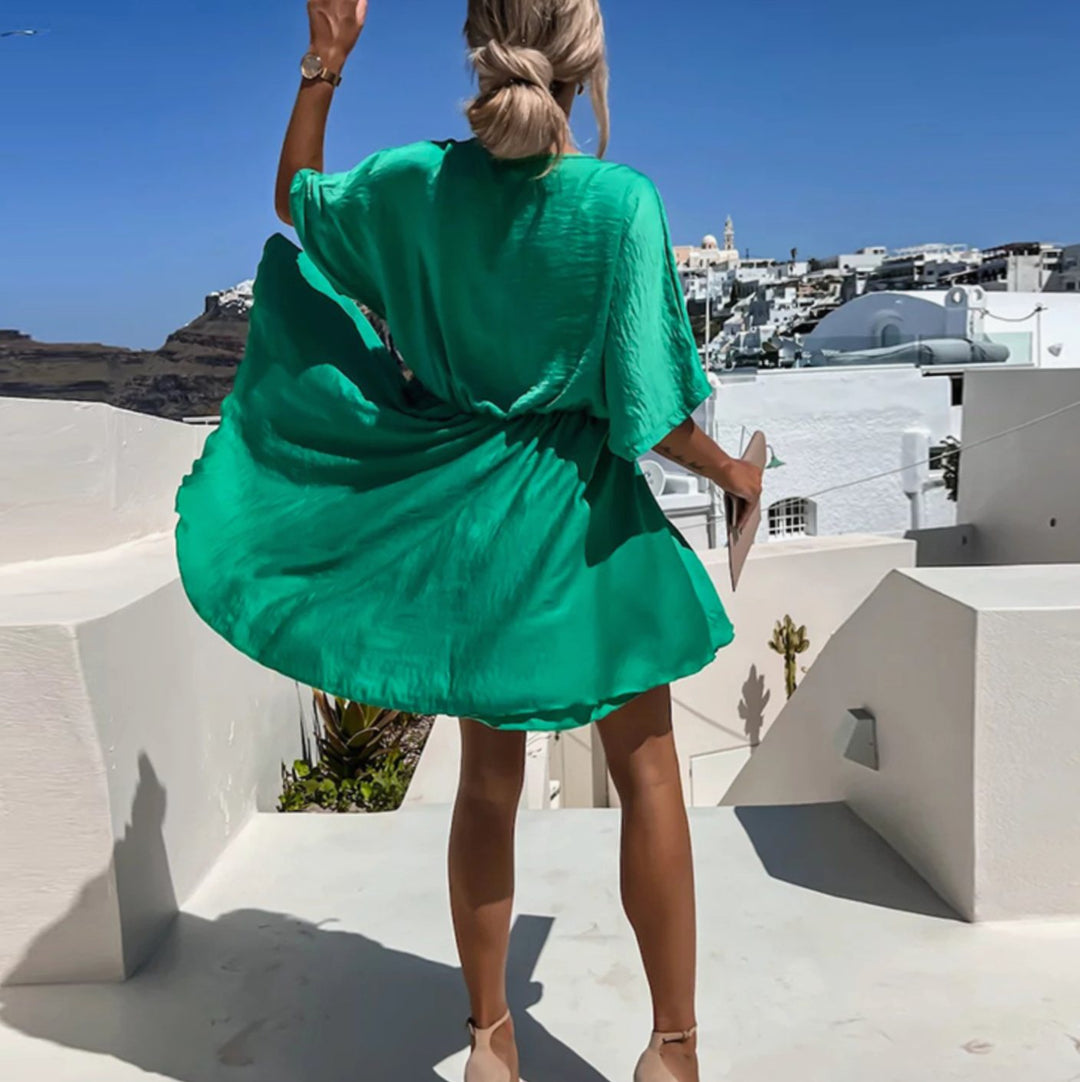 Women's V-Neck Wrap Flowy Short-Sleeve Mini Dress