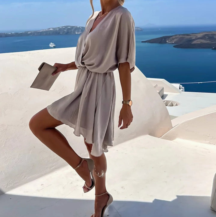 Women's V-Neck Wrap Flowy Short-Sleeve Mini Dress - Gray