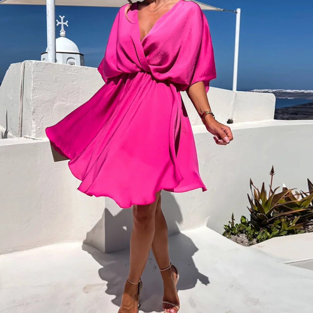 Women's V-Neck Wrap Flowy Short-Sleeve Mini Dress - Pink