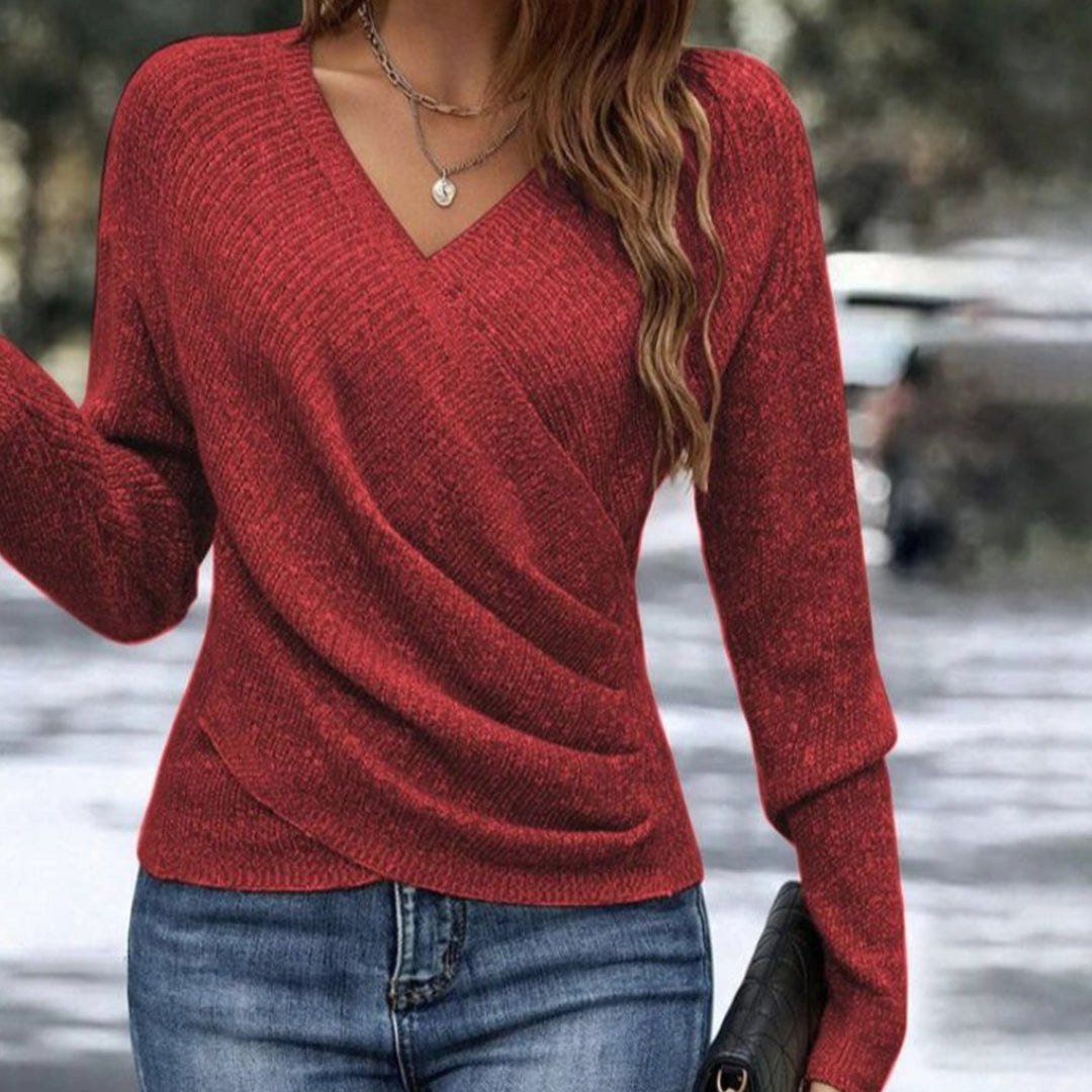 Women's V-Neck Wrap-Front Long Sleeve Knit Sweater - Red