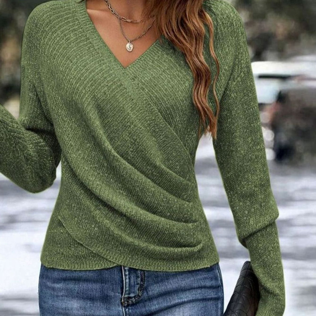 Women's V-Neck Wrap-Front Long Sleeve Knit Sweater - Green