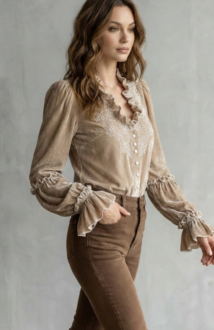 Women's Velvet Embroidered Lace-Trim Ruffle-Cuff Blouse