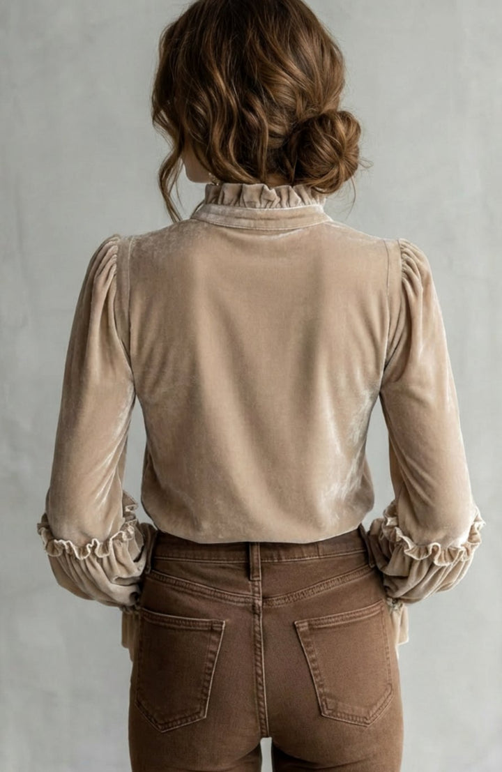 Women's Velvet Embroidered Lace-Trim Ruffle-Cuff Blouse