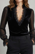 Aria | Women's Velvet Lace-Trim V-Neck Sheer Chiffon Sleeve Blouse