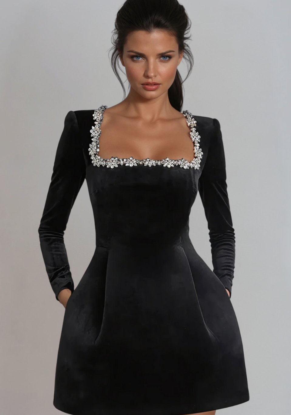 Women's Velvet Long Sleeve Crystal-Trim Square-Neck Mini Dress - Black