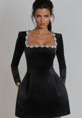 Isabella | Women's Velvet Long Sleeve Crystal-Trim Square-Neck Mini Dress