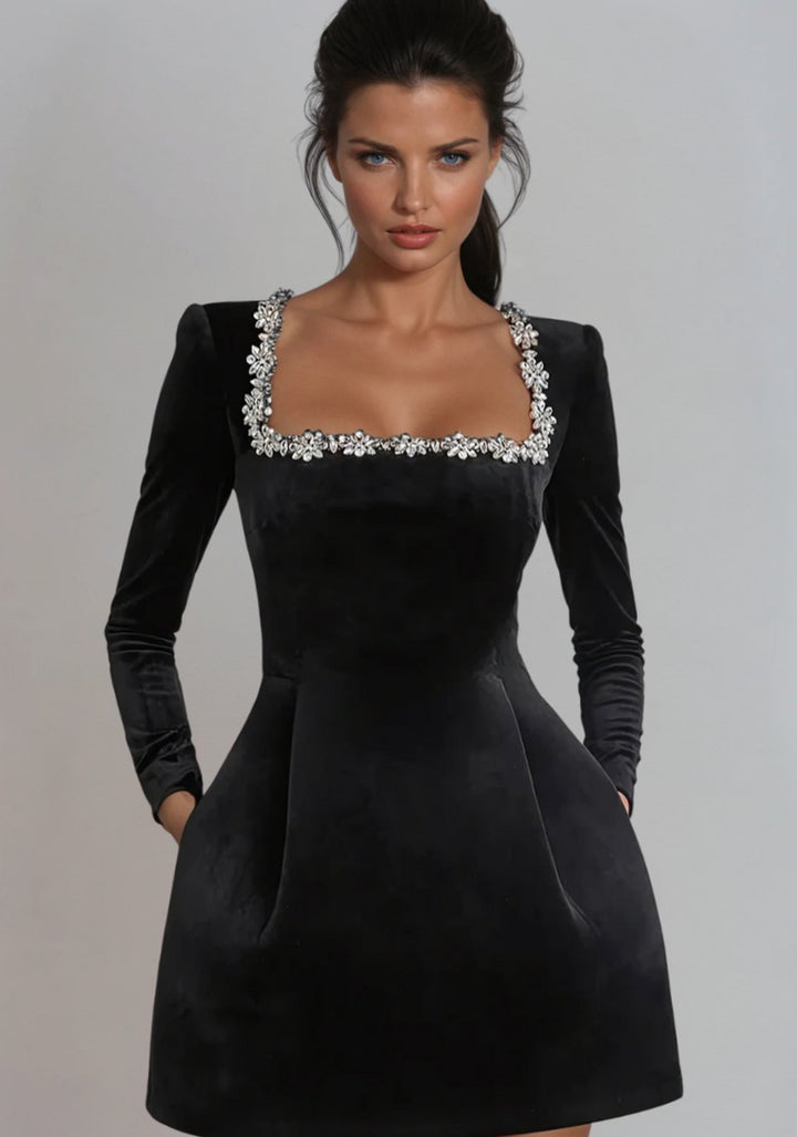Women's Velvet Long Sleeve Crystal-Trim Square-Neck Mini Dress - Black