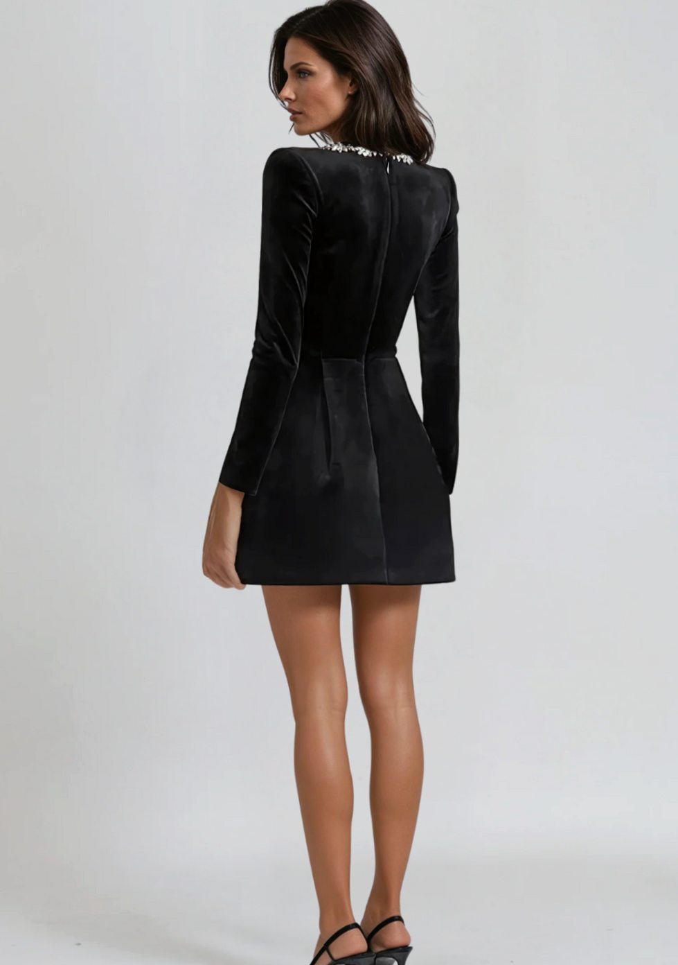 Women's Velvet Long Sleeve Crystal-Trim Square-Neck Mini Dress