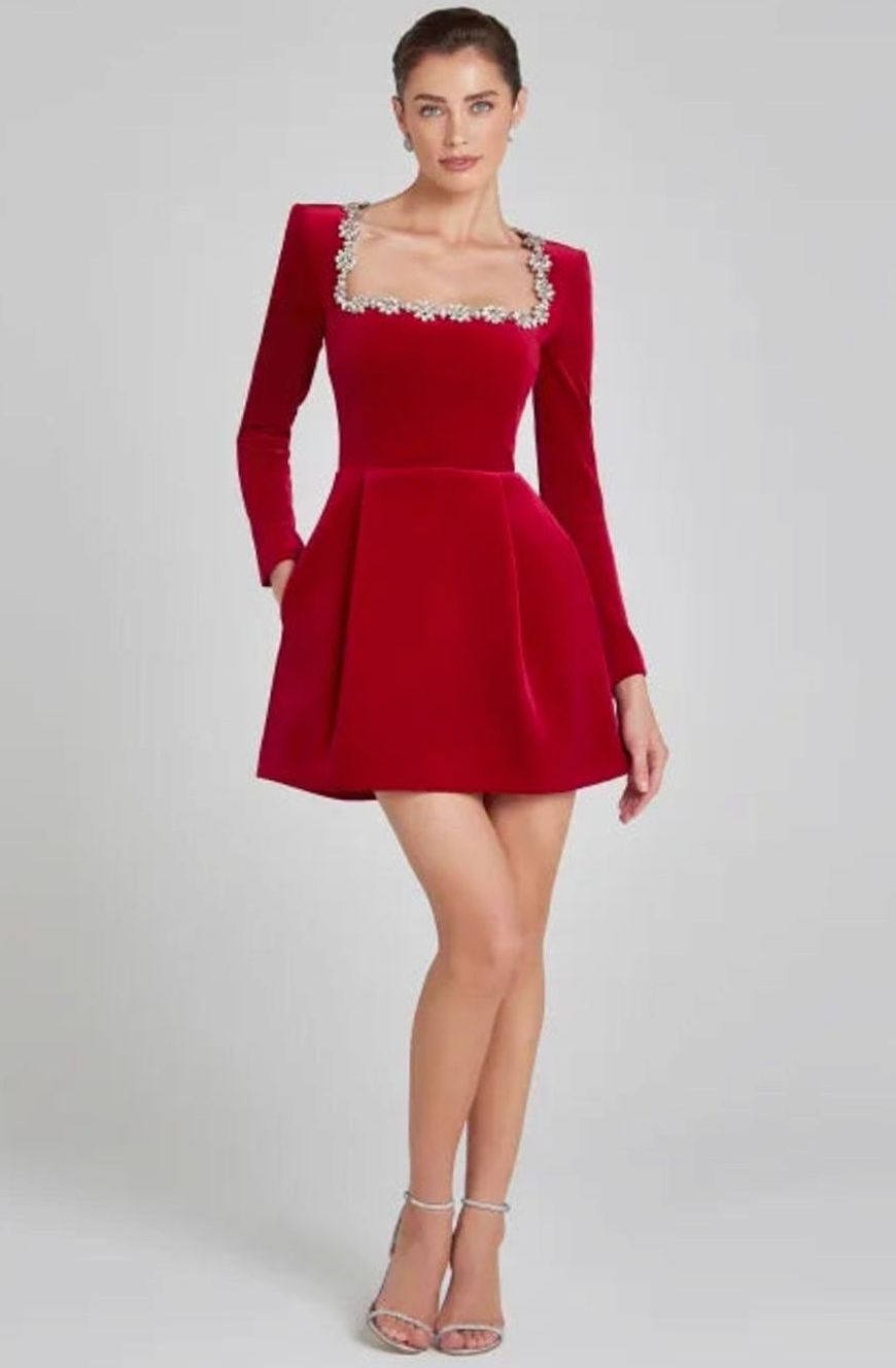 Women's Velvet Long Sleeve Crystal-Trim Square-Neck Mini Dress - Red
