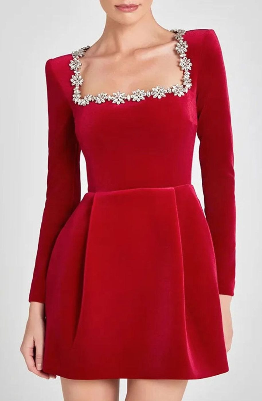 Women's Velvet Long Sleeve Crystal-Trim Square-Neck Mini Dress