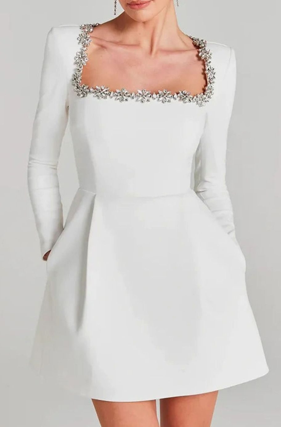 Women's Velvet Long Sleeve Crystal-Trim Square-Neck Mini Dress - White
