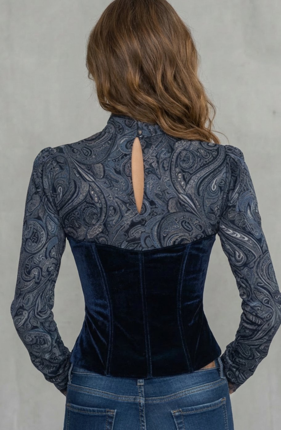 Women's Velvet Long Sleeve Top Paisley Lace V-Neck Blouse