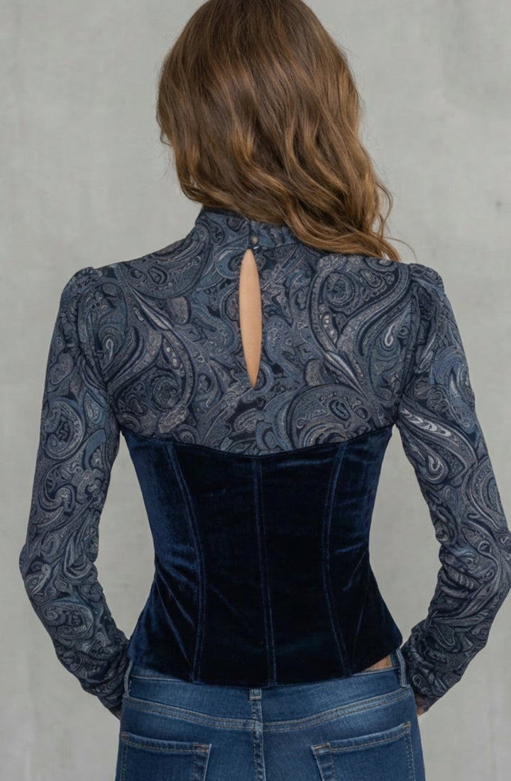 Women's Velvet Long Sleeve Top Paisley Lace V-Neck Blouse