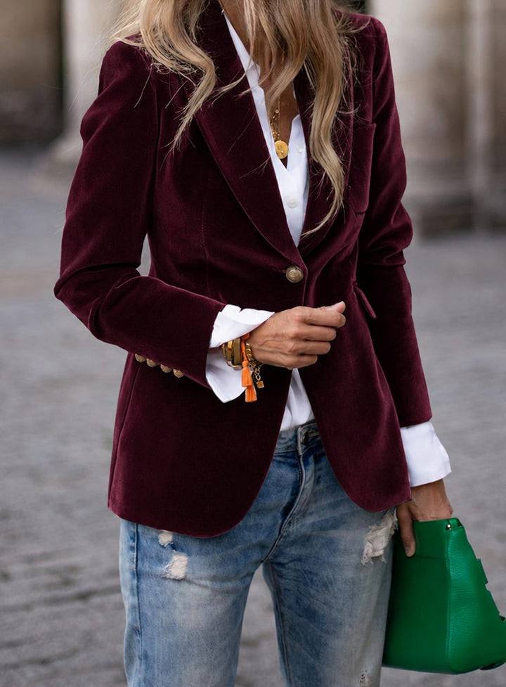 Women's Velvet Single-Button Notch-Lapel Fitted Blazer - Red