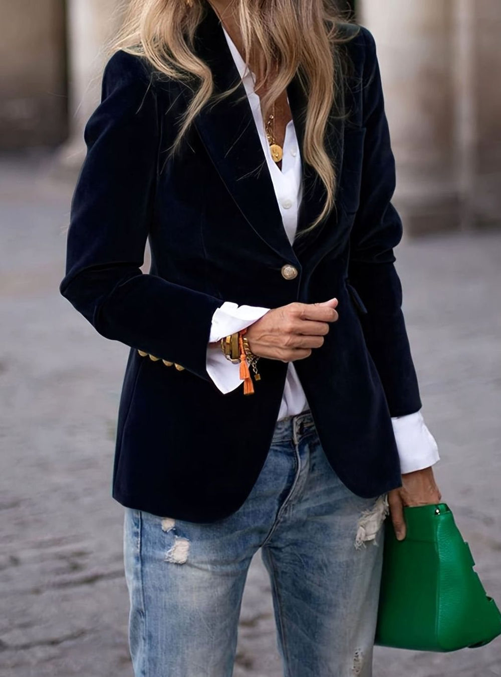 Women's Velvet Single-Button Notch-Lapel Fitted Blazer - Black
