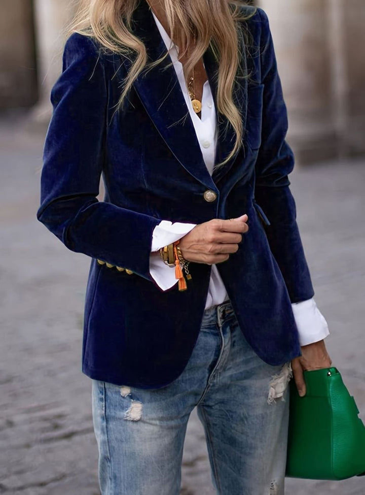 Women's Velvet Single-Button Notch-Lapel Fitted Blazer - Blue