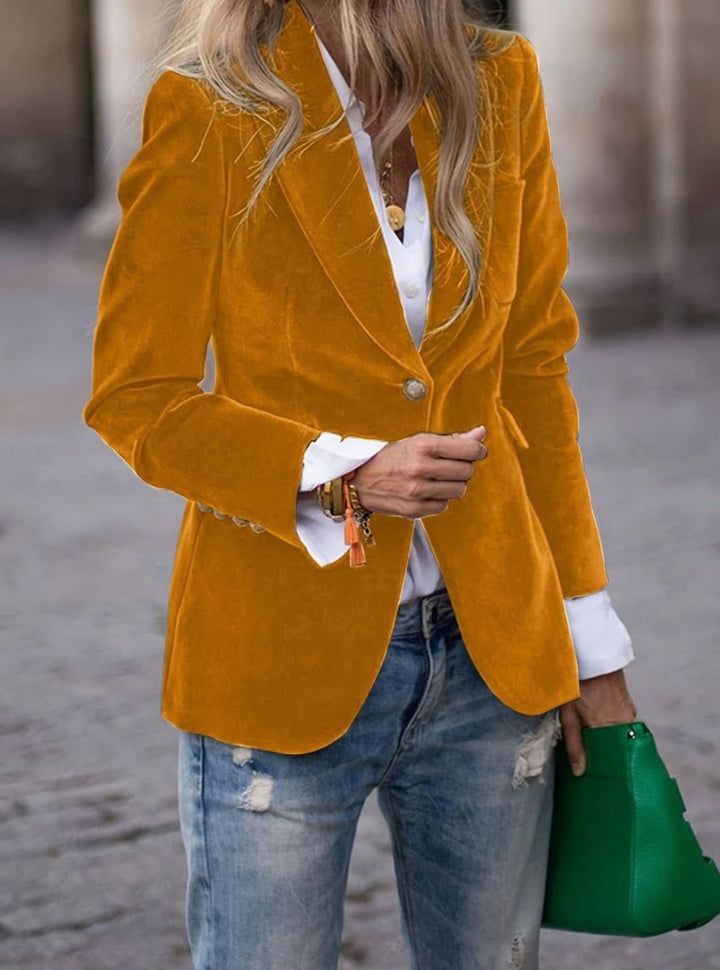 Women's Velvet Single-Button Notch-Lapel Fitted Blazer - Yellow
