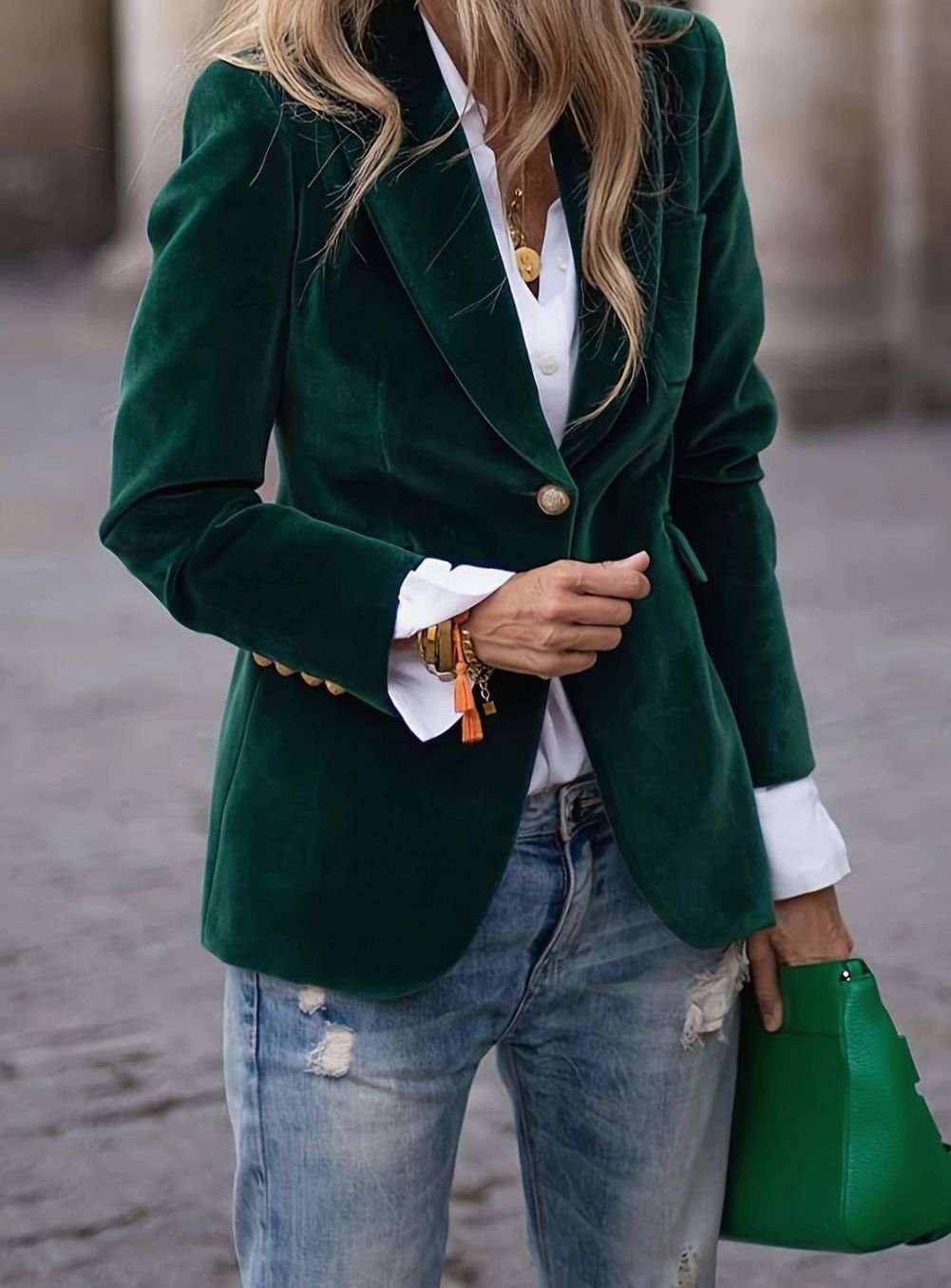 Women's Velvet Single-Button Notch-Lapel Fitted Blazer - Green