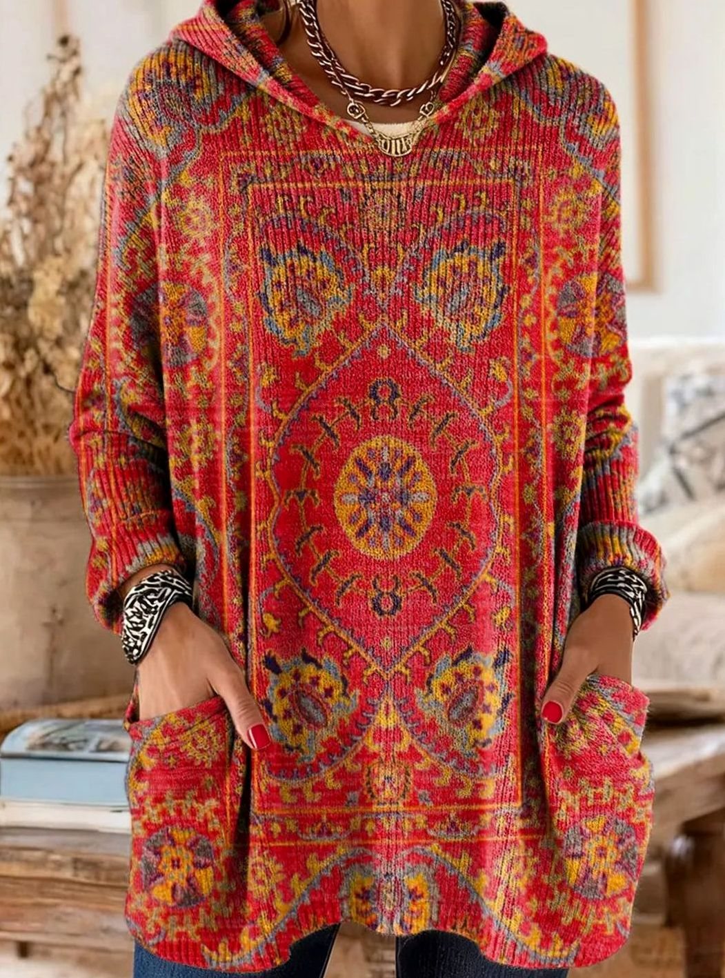 Women's Vintage Ethnic Print Hooded Knit Tunic Sweater Pockets - Red