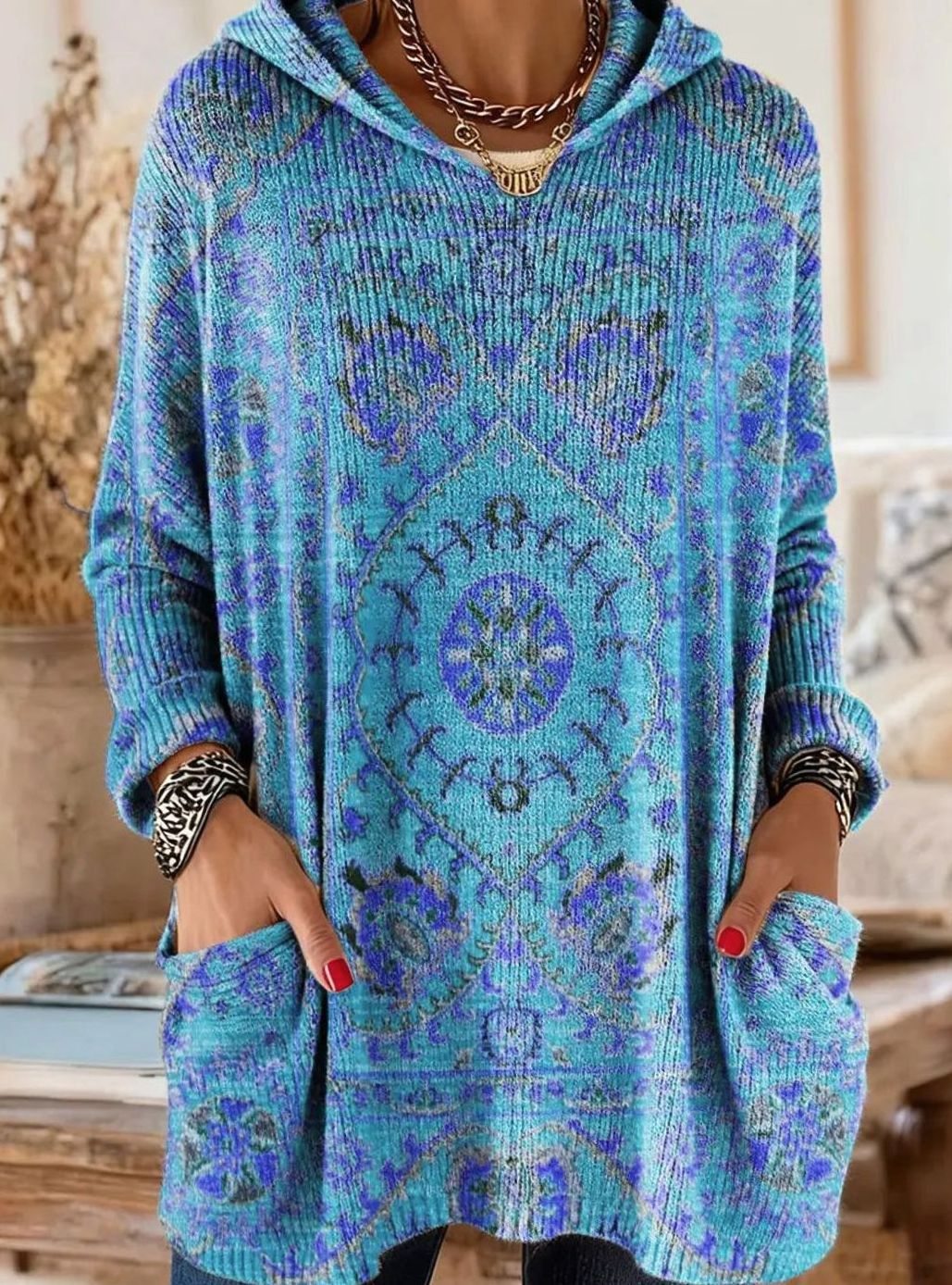 Women's Vintage Ethnic Print Hooded Knit Tunic Sweater Pockets - Light Blue