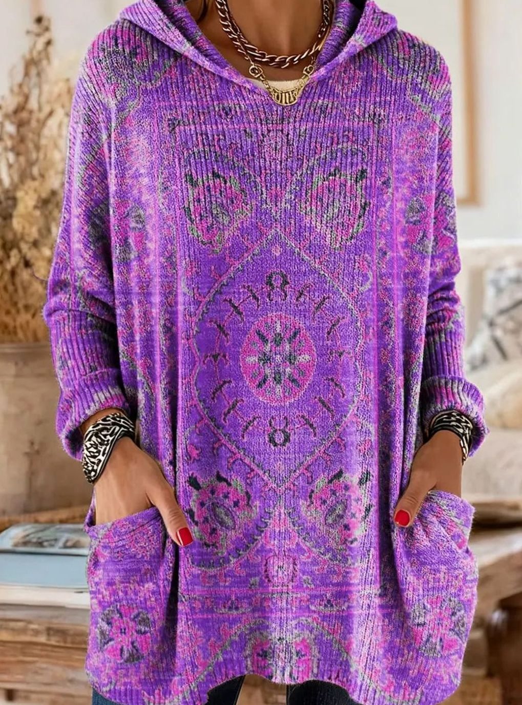 Women's Vintage Ethnic Print Hooded Knit Tunic Sweater Pockets - Lavender