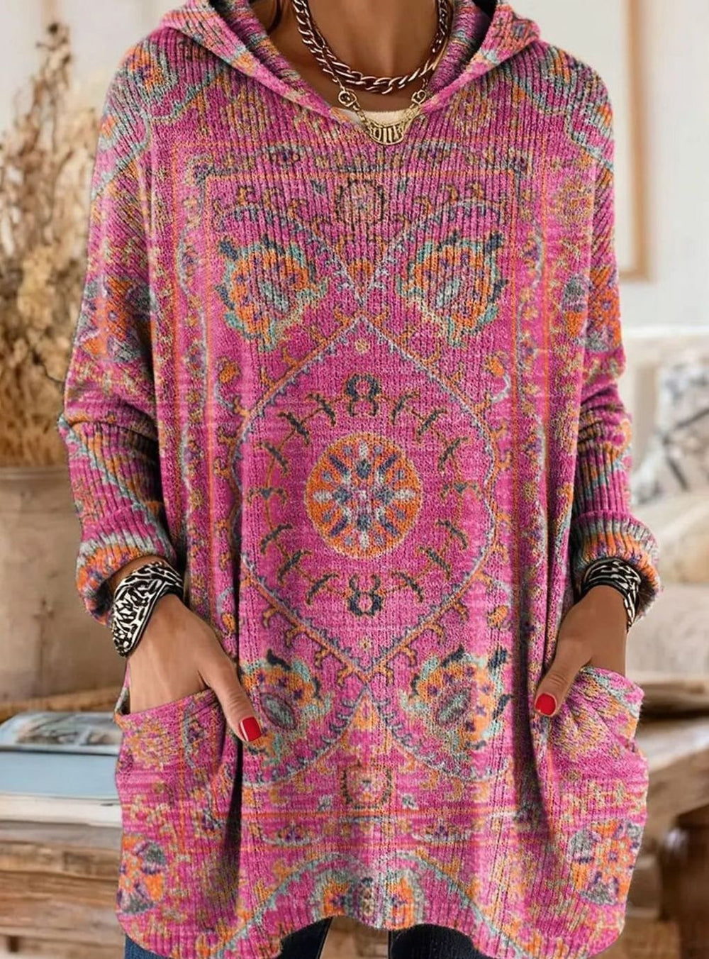 Women's Vintage Ethnic Print Hooded Knit Tunic Sweater Pockets - Pink
