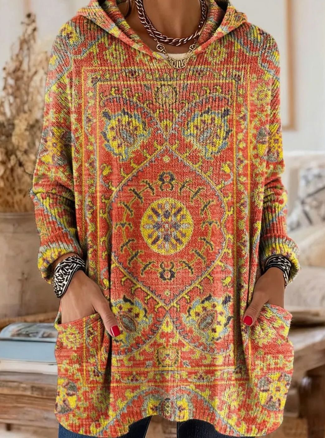 Women's Vintage Ethnic Print Hooded Knit Tunic Sweater Pockets - Orange