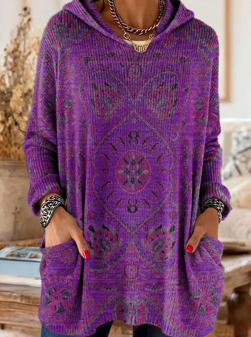 Women's Vintage Ethnic Print Hooded Knit Tunic Sweater Pockets - Purple