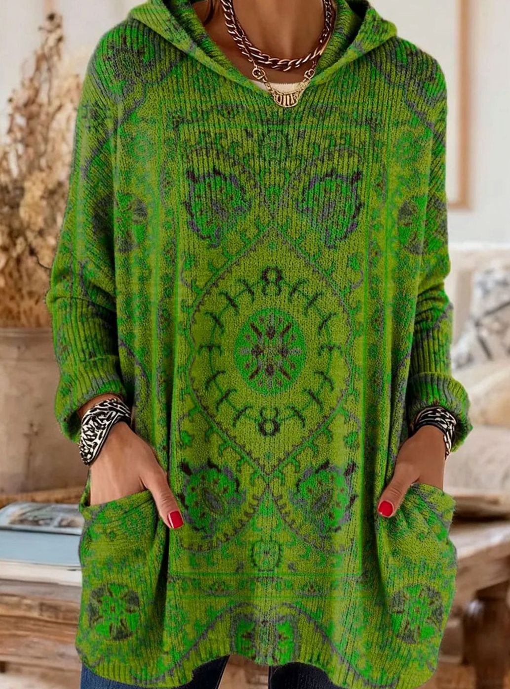 Women's Vintage Ethnic Print Hooded Knit Tunic Sweater Pockets - Green