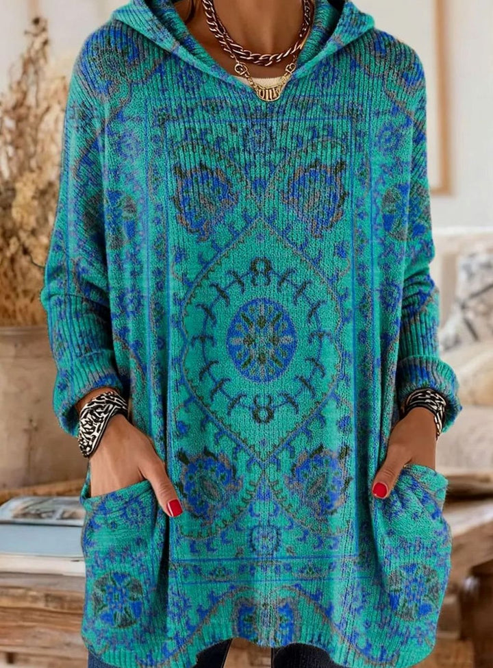 Women's Vintage Ethnic Print Hooded Knit Tunic Sweater Pockets - Blue