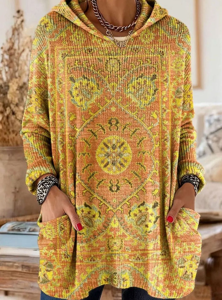 Women's Vintage Ethnic Print Hooded Knit Tunic Sweater Pockets - Yellow