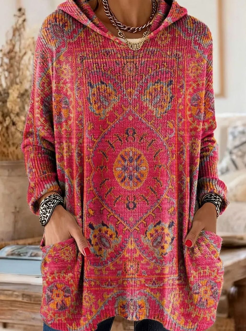 Women's Vintage Ethnic Print Hooded Knit Tunic Sweater Pockets - Rose